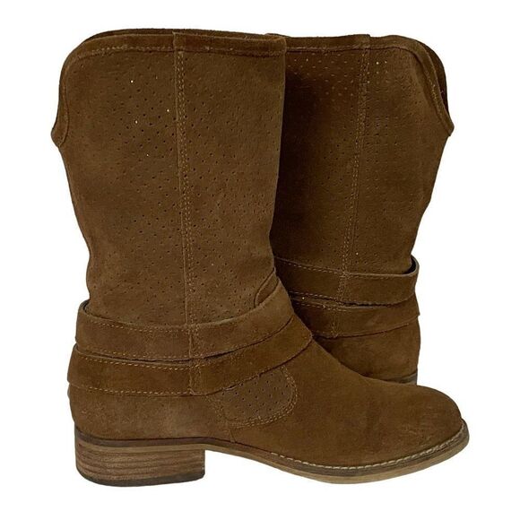 Vintage Chroma Pierced Suede Booties Boots Pull-On Brown Block Heel Leather 8M - Picture 9 of 10